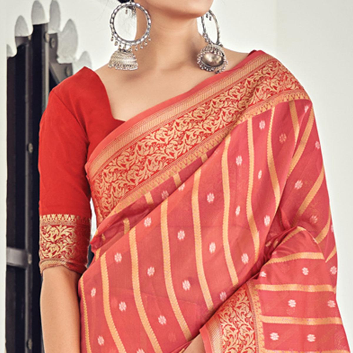 Peach Woven Organza Saree With Tassels - Peachmode