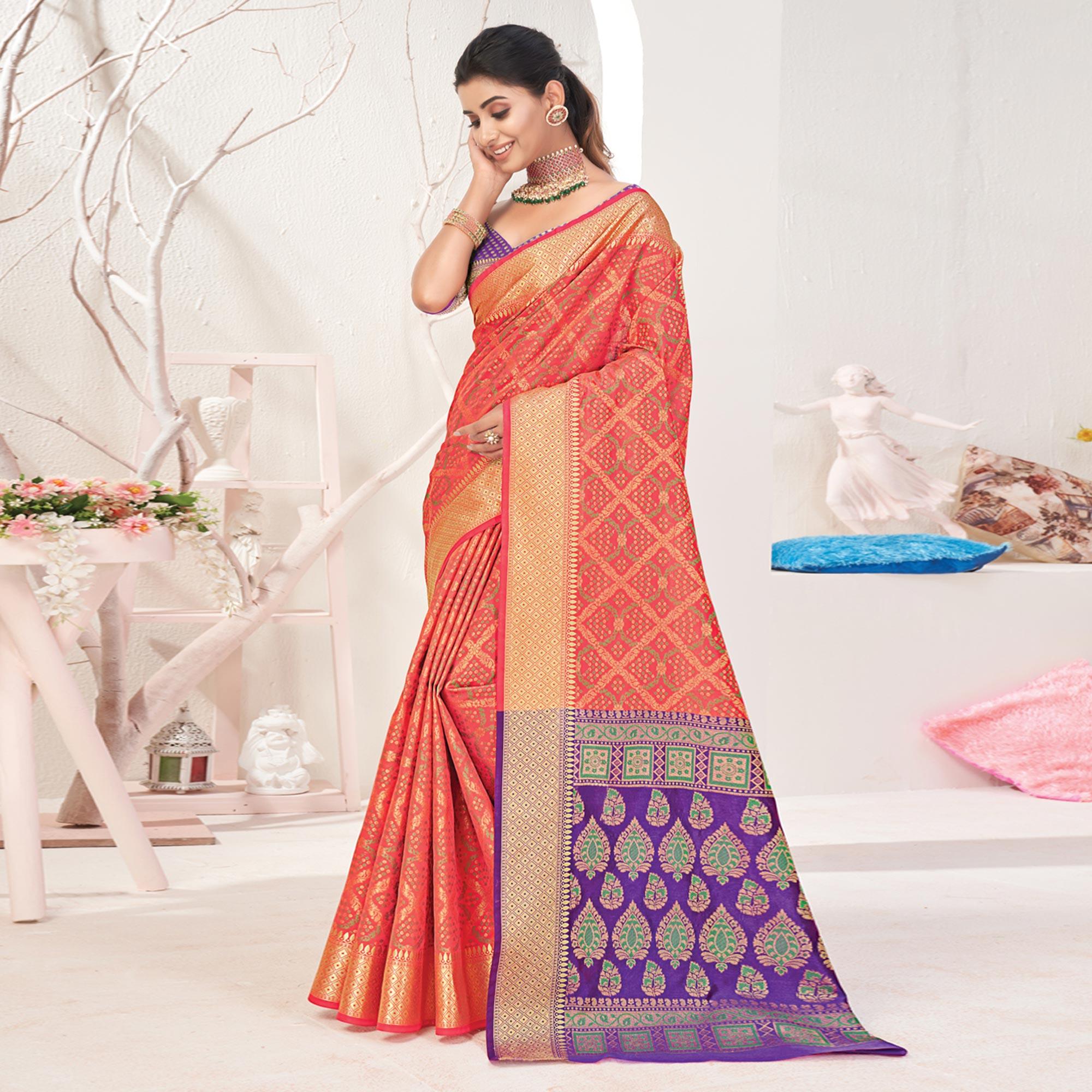 Peach Woven Patola Art Silk Saree - Peachmode