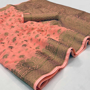 Peach Woven Poly Cotton Saree - Peachmode