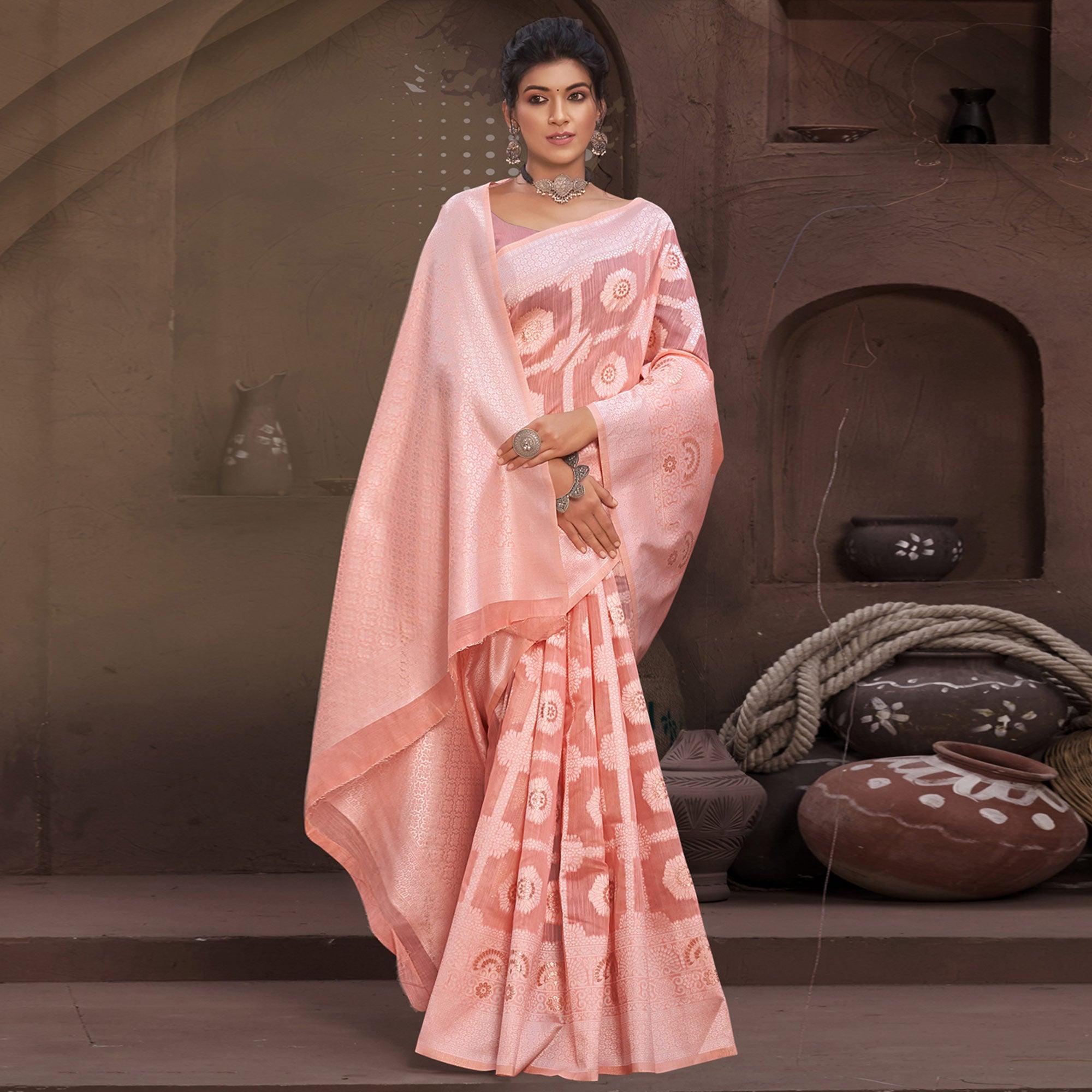 Peach Woven Poly Cotton Saree - Peachmode