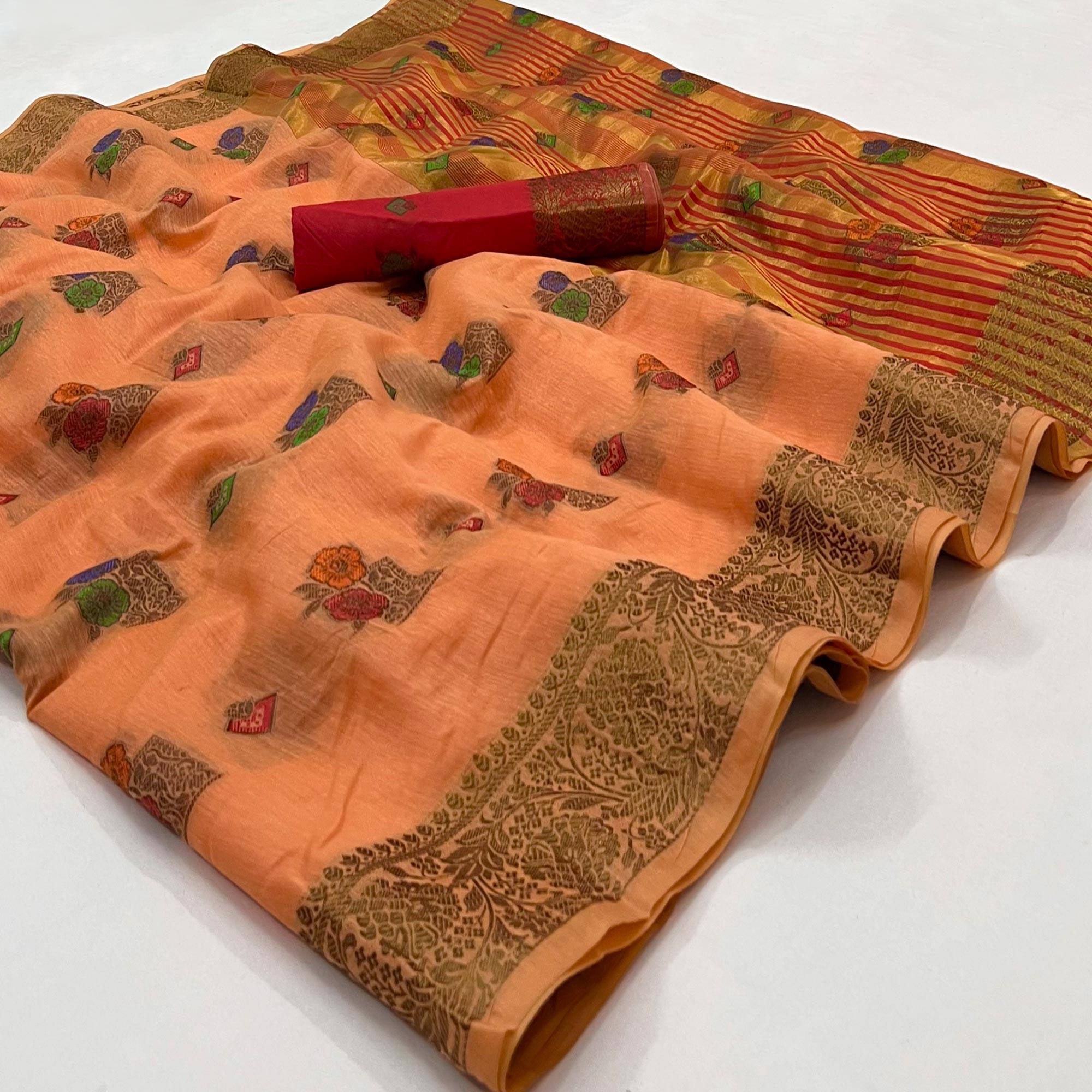 Peach Woven Poly Cotton Saree - Peachmode