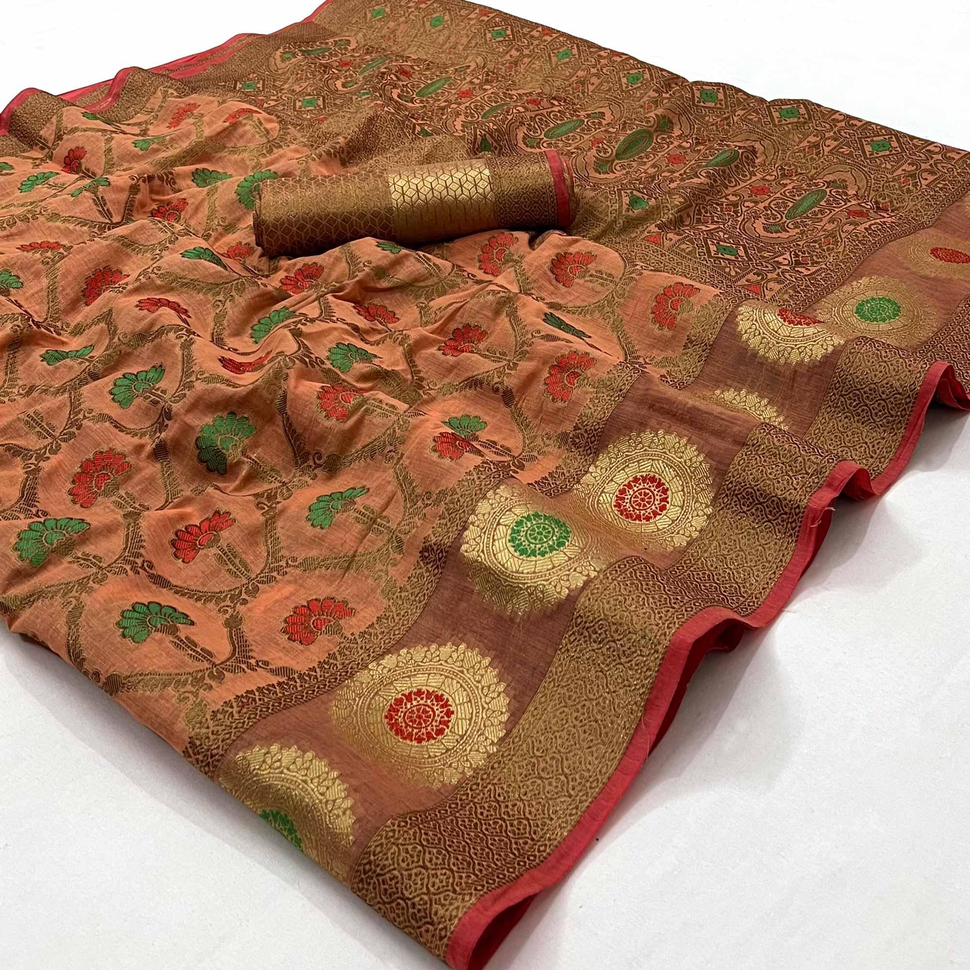 Peach Woven Poly Cotton Saree - Peachmode