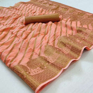 Peach Woven Poly Cotton Saree - Peachmode