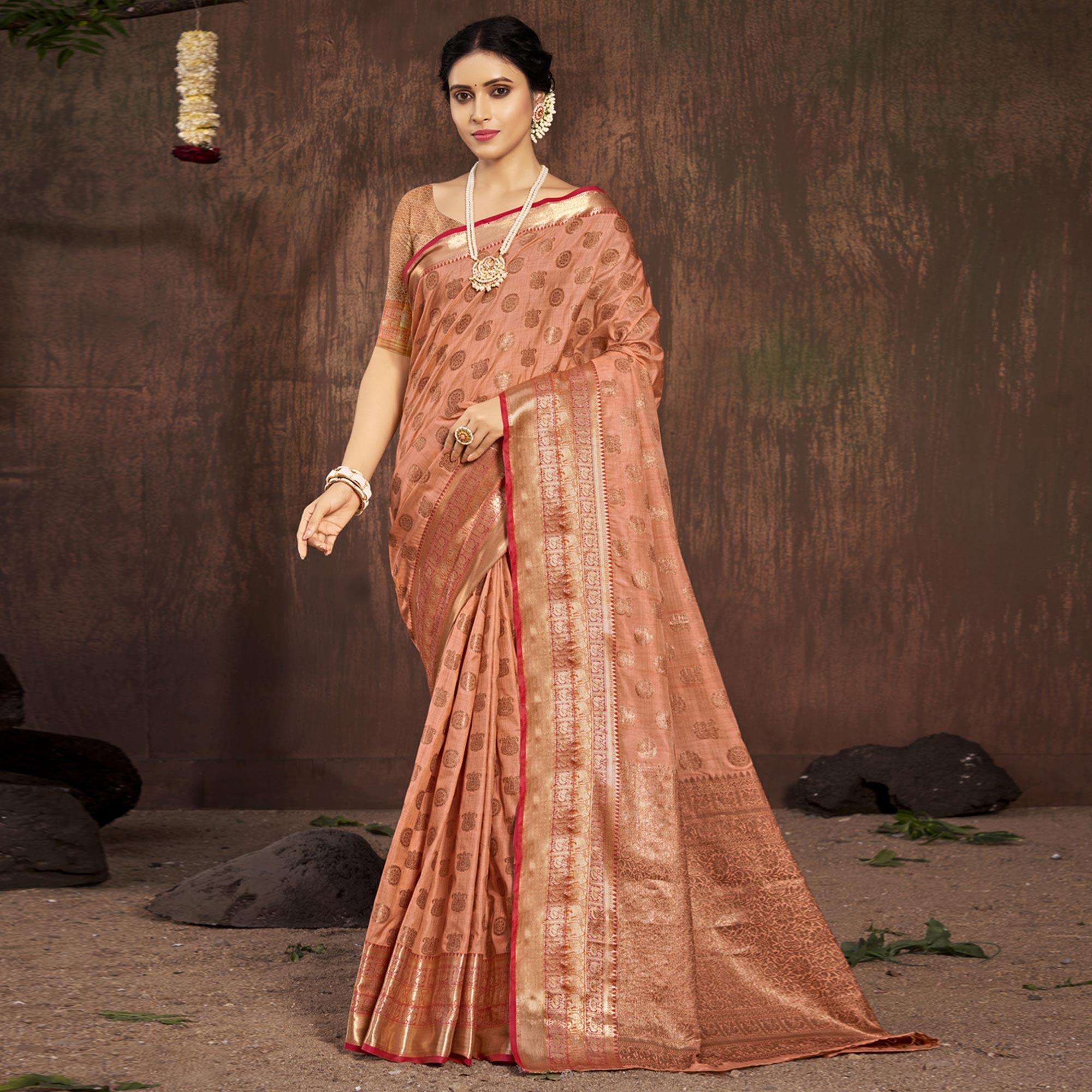 Peach Woven Poly Cotton Saree - Peachmode