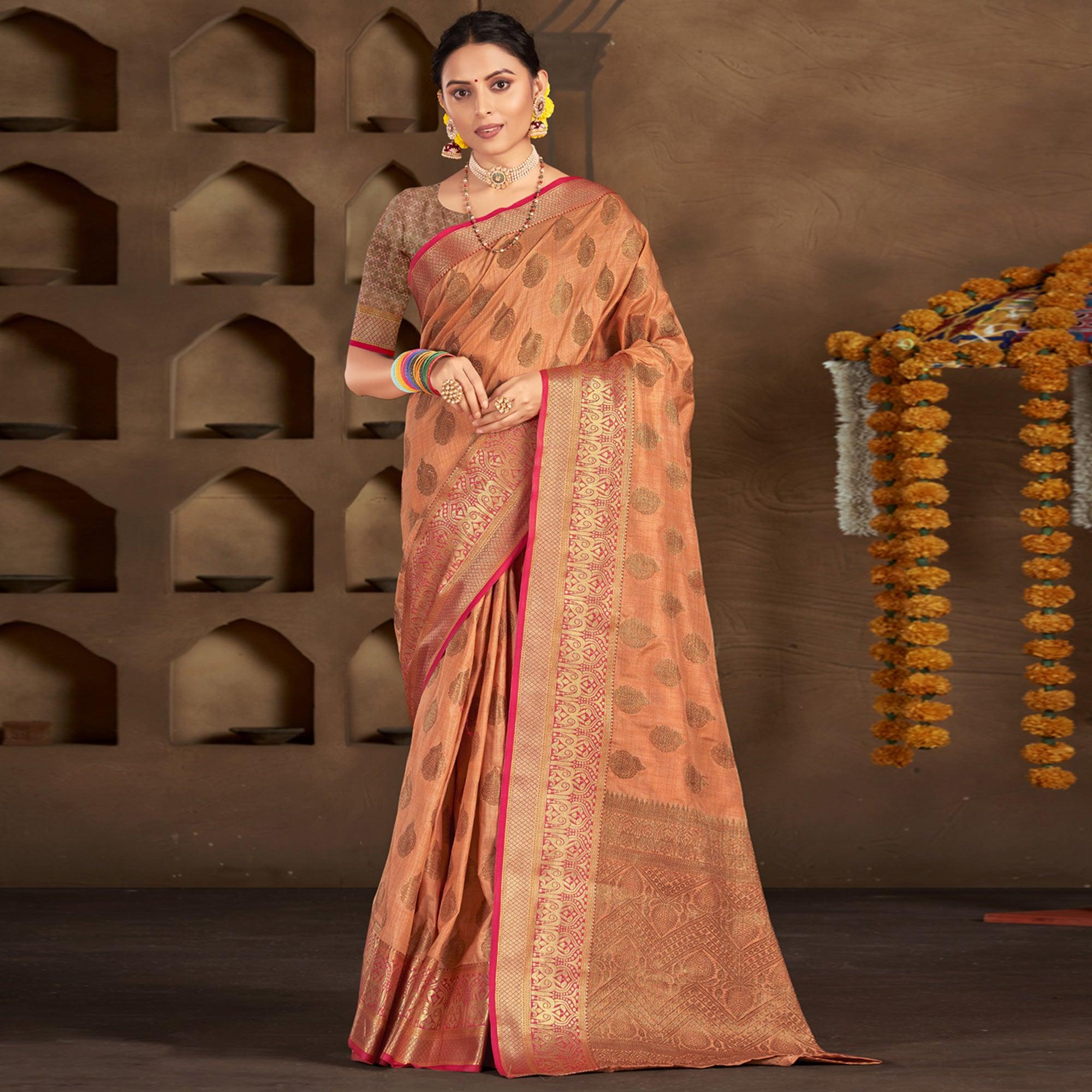 Peach Woven Poly Cotton Saree - Peachmode