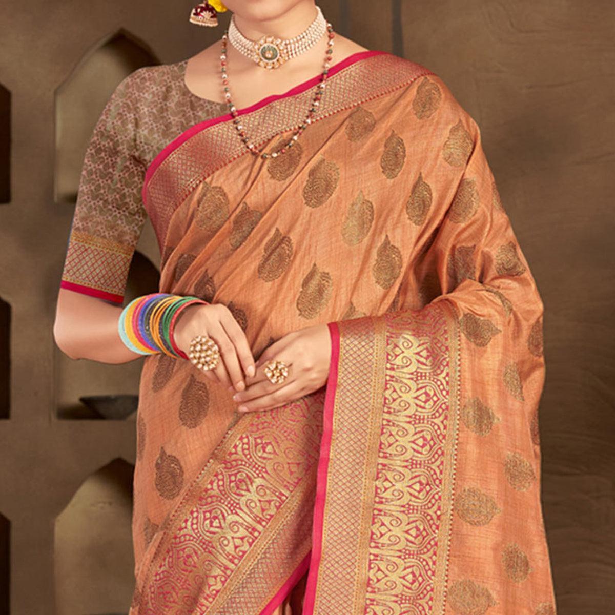 Peach Woven Poly Cotton Saree - Peachmode