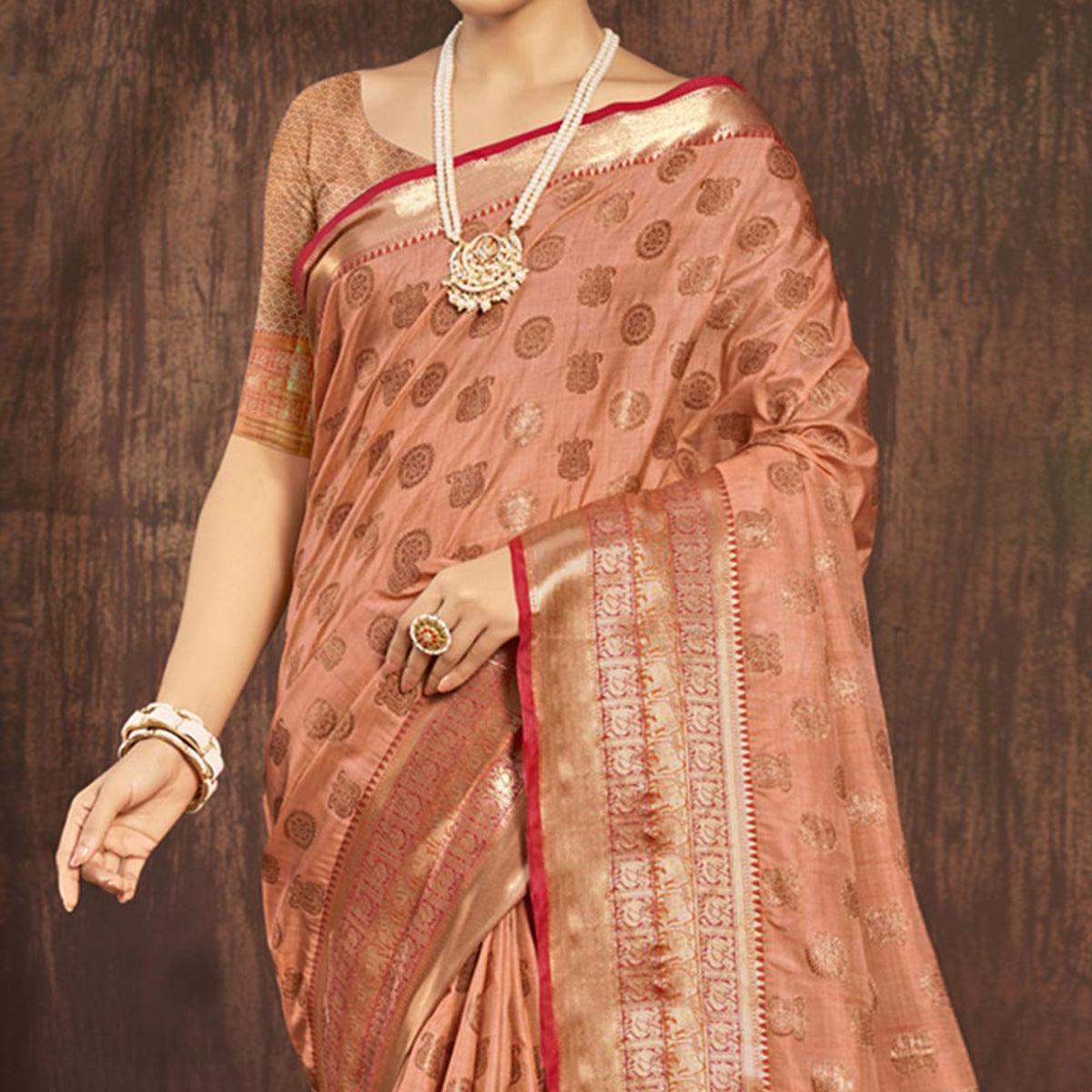 Peach Woven Poly Cotton Saree - Peachmode