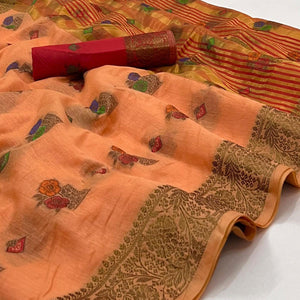 Peach Woven Poly Cotton Saree - Peachmode