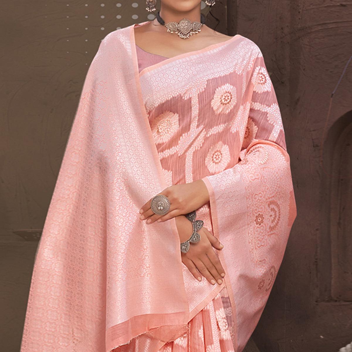 Peach Woven Poly Cotton Saree - Peachmode