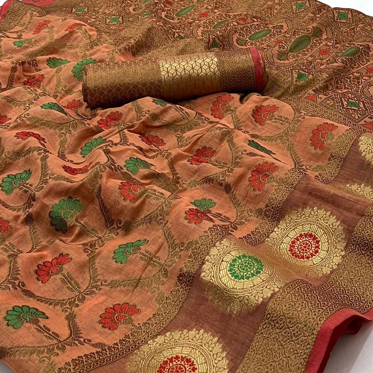 Peach Woven Poly Cotton Saree - Peachmode