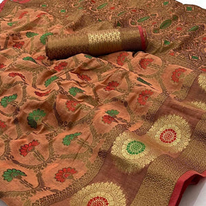 Peach Woven Poly Cotton Saree - Peachmode