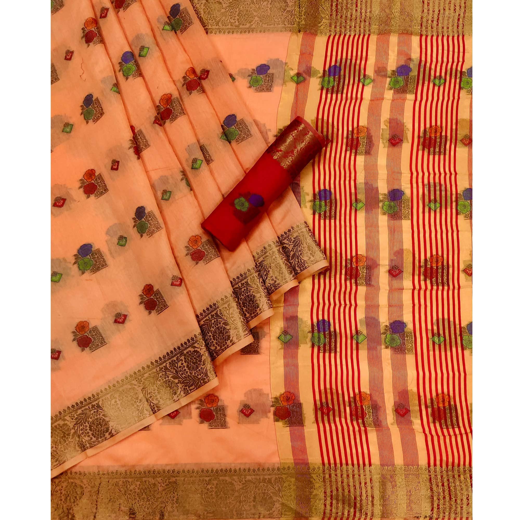 Peach Woven Poly Cotton Saree - Peachmode