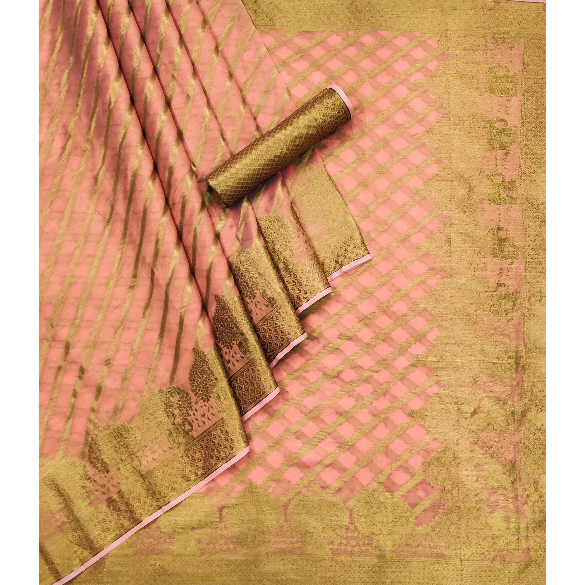 Peach Woven Poly Cotton Saree - Peachmode