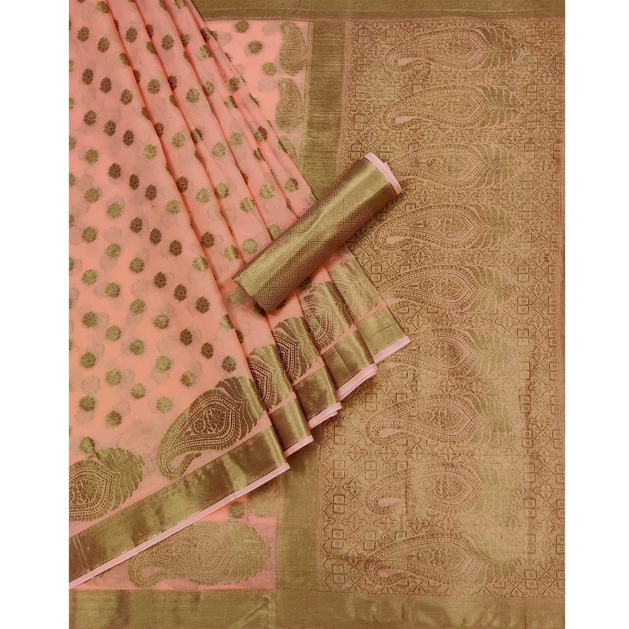 Peach Woven Poly Cotton Saree - Peachmode