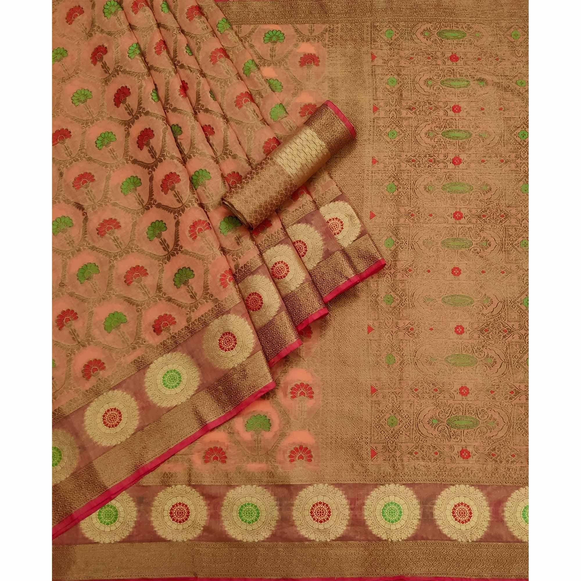 Peach Woven Poly Cotton Saree - Peachmode
