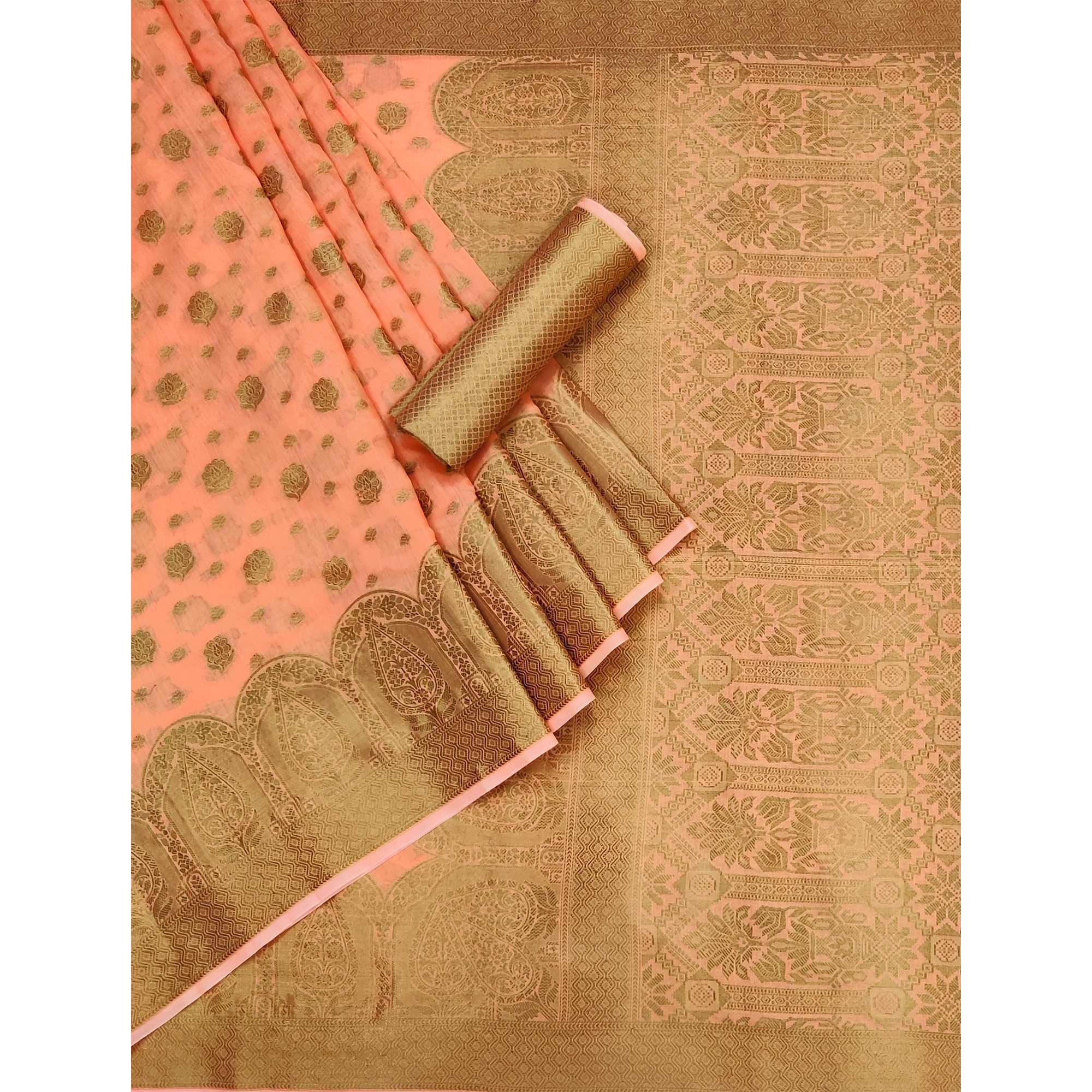 Peach Woven Poly Cotton Saree - Peachmode