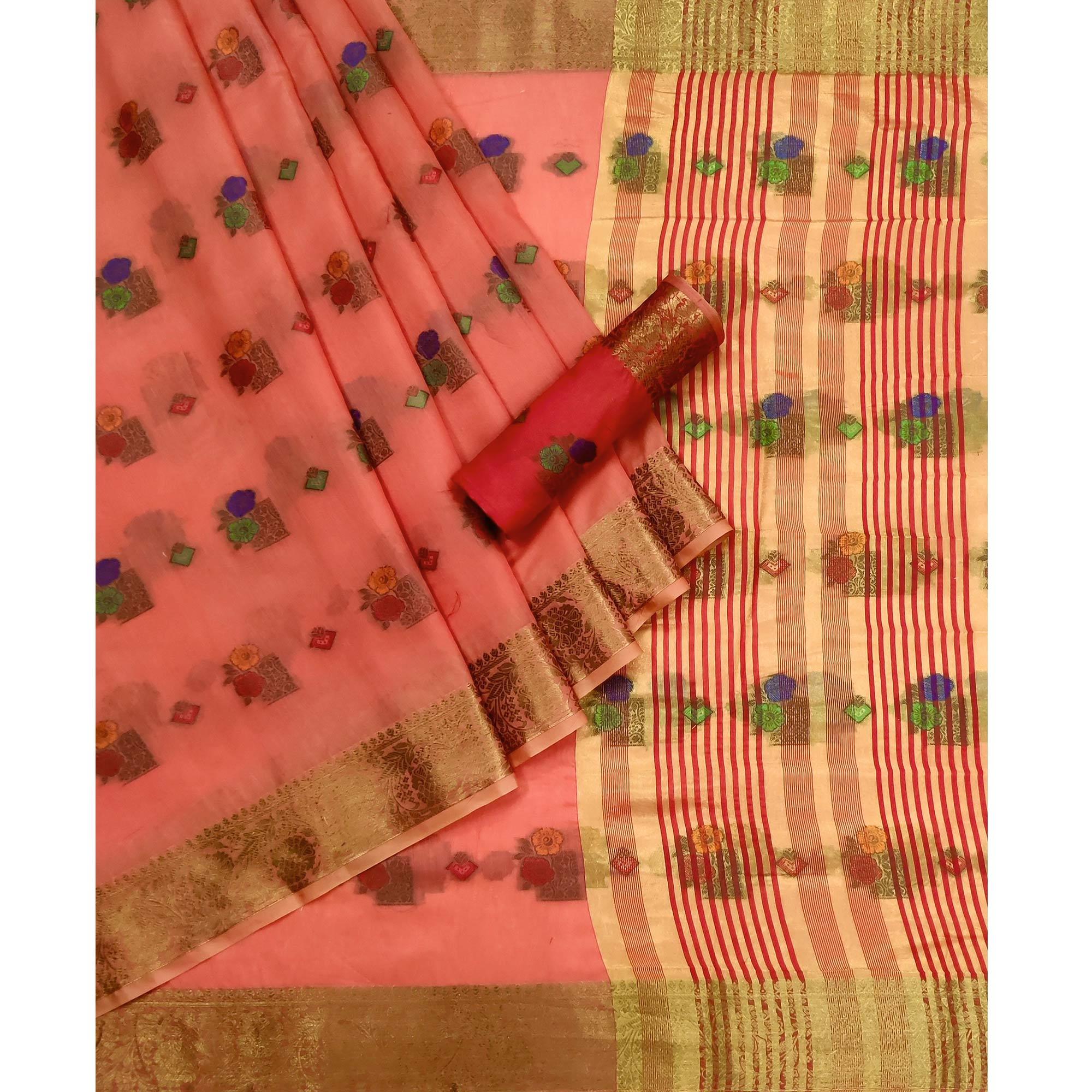 Peach Woven Poly Cotton Saree - Peachmode