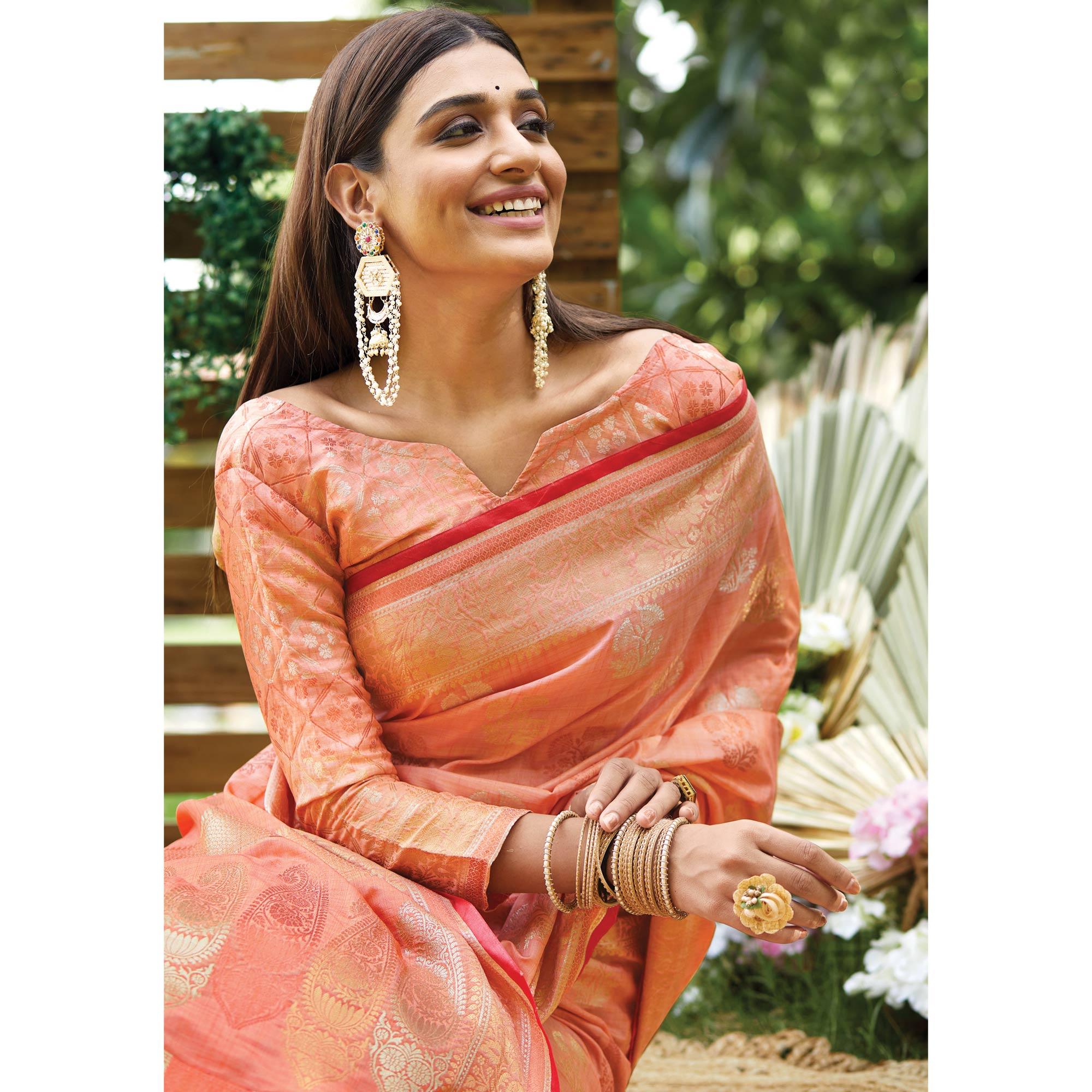 Peach Woven Raw Silk Saree With Tassels - Peachmode