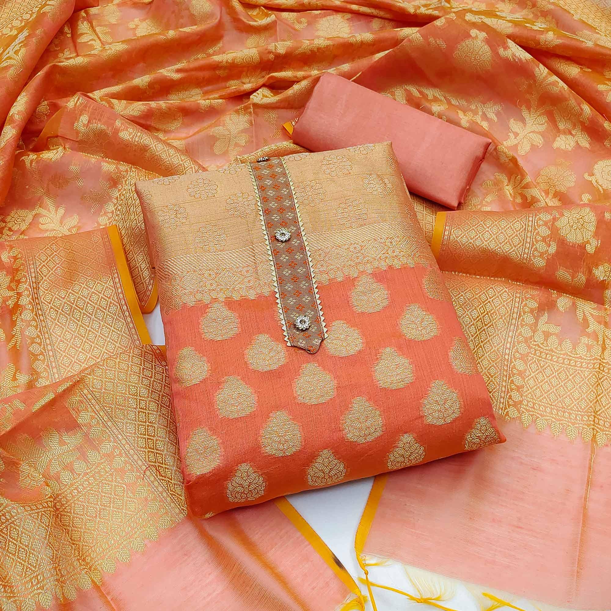 Peach Woven With Gota Patti Work Banarasi Silk Dress Material - Peachmode