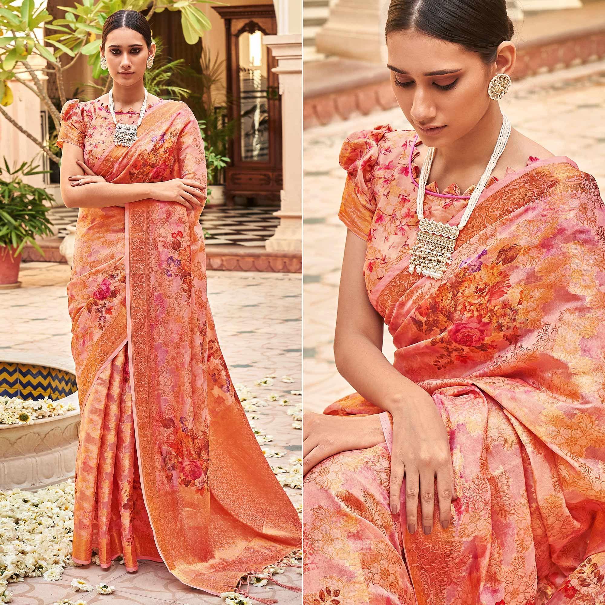 Peach Woven With Printed Cotton Silk Saree With Tassels - Peachmode