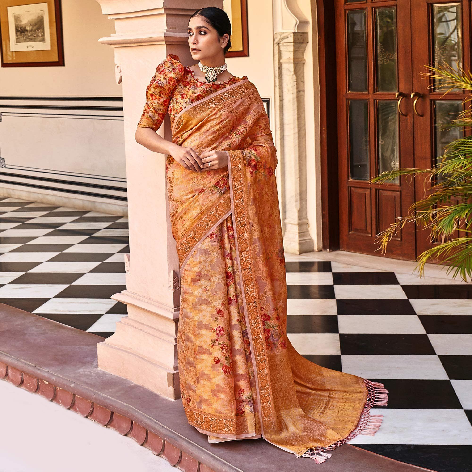 Peach Woven With Printed Cotton Silk Saree With Tassels - Peachmode