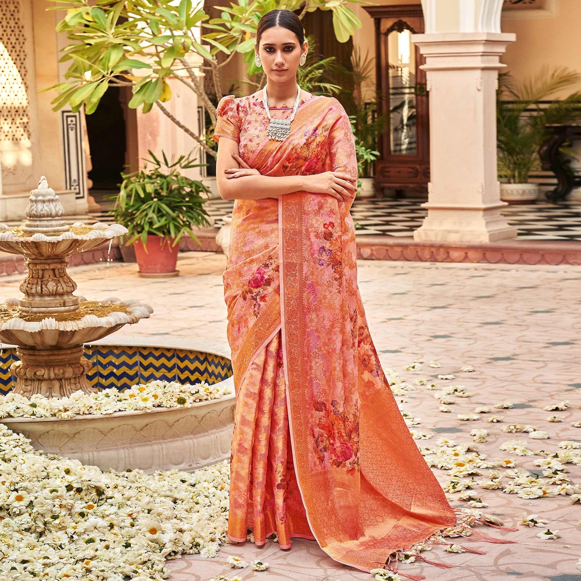 Peach Woven With Printed Cotton Silk Saree With Tassels - Peachmode
