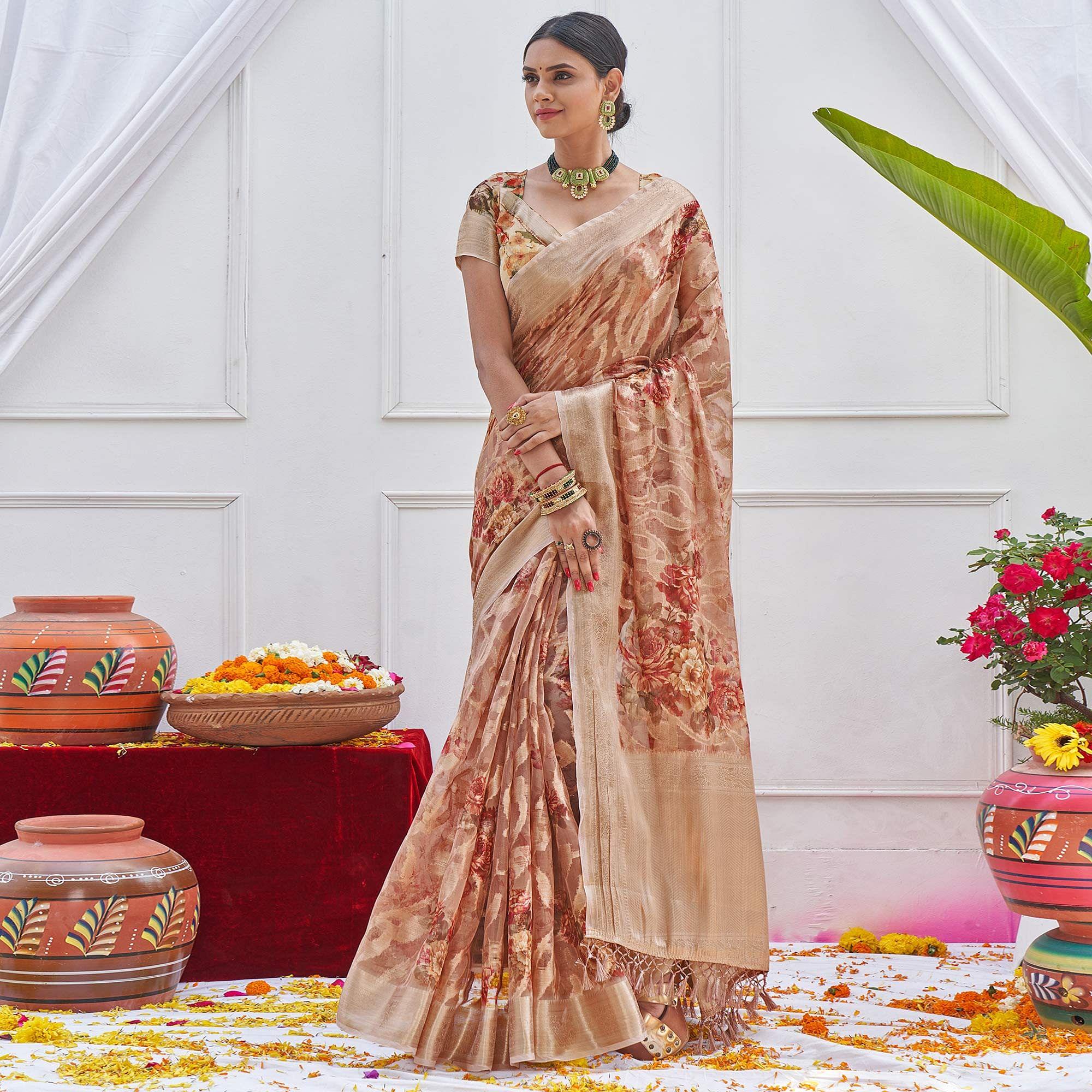 Peach Woven With Printed Organza Saree - Peachmode