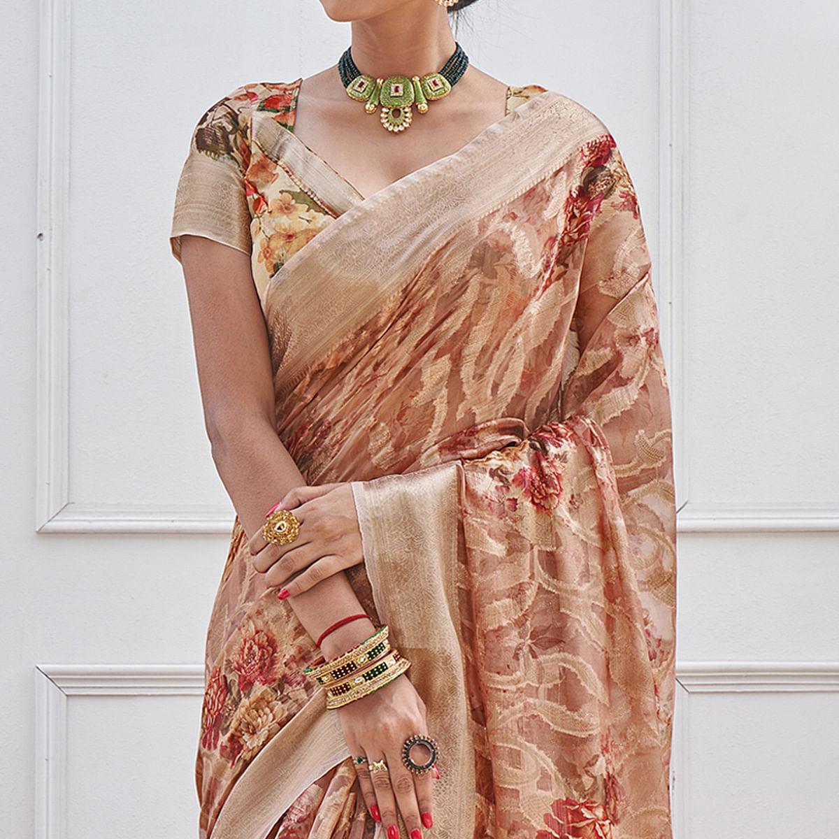 Peach Woven With Printed Organza Saree - Peachmode