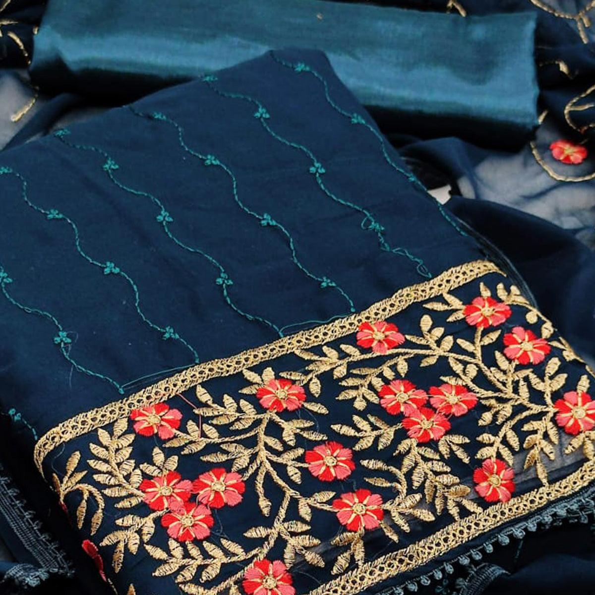 Peacock Blue Casual Wear Floral Embroidered Georgette Dress Material - Peachmode