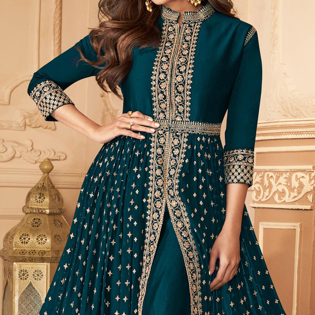 Peacock Blue Embroidered Georgette Gown - Peachmode