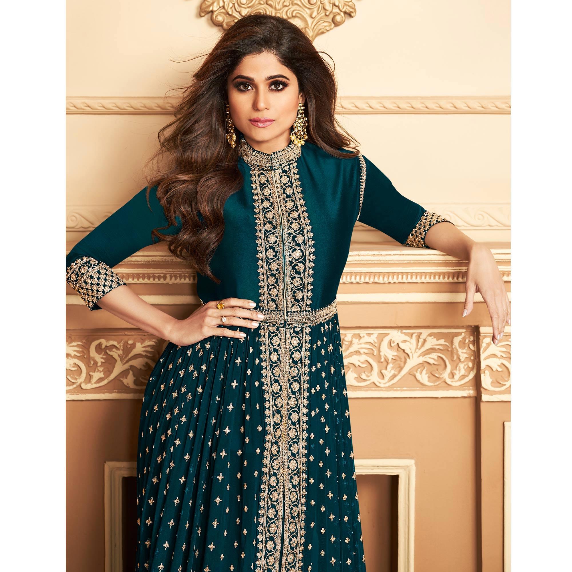 Peacock Blue Embroidered Georgette Gown - Peachmode