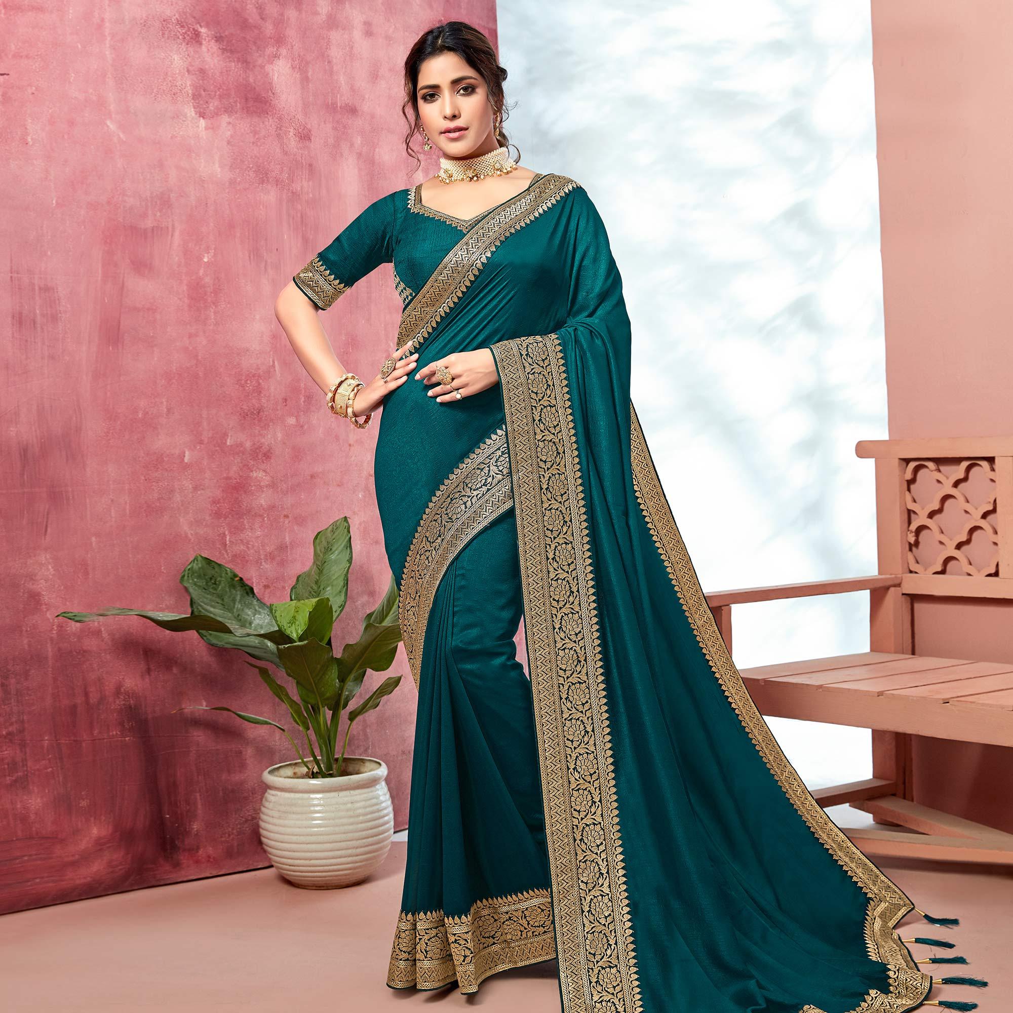 Peacock Blue Festive Wear Silk Saree With Embroidered Border - Peachmode