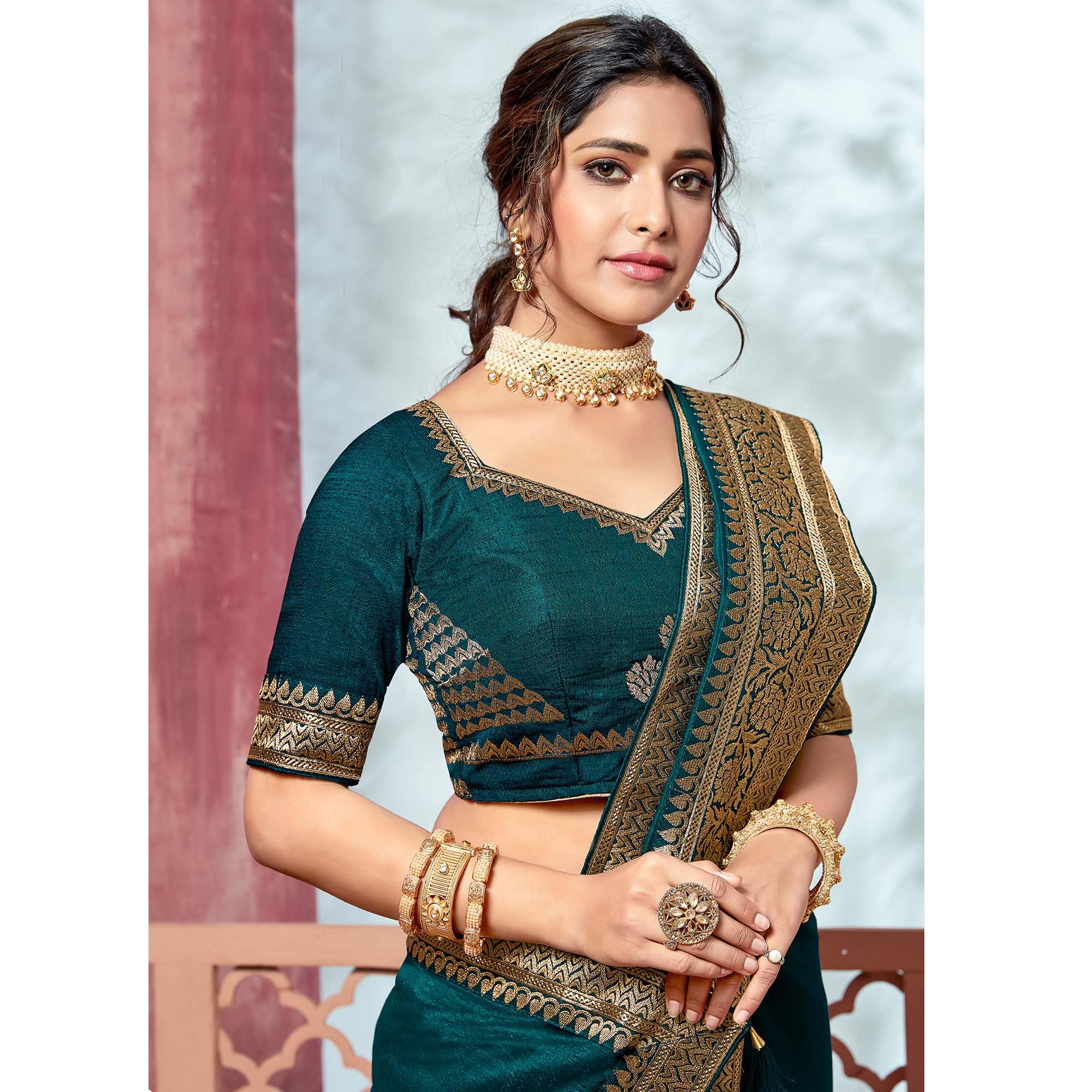 Peacock Blue Festive Wear Silk Saree With Embroidered Border - Peachmode