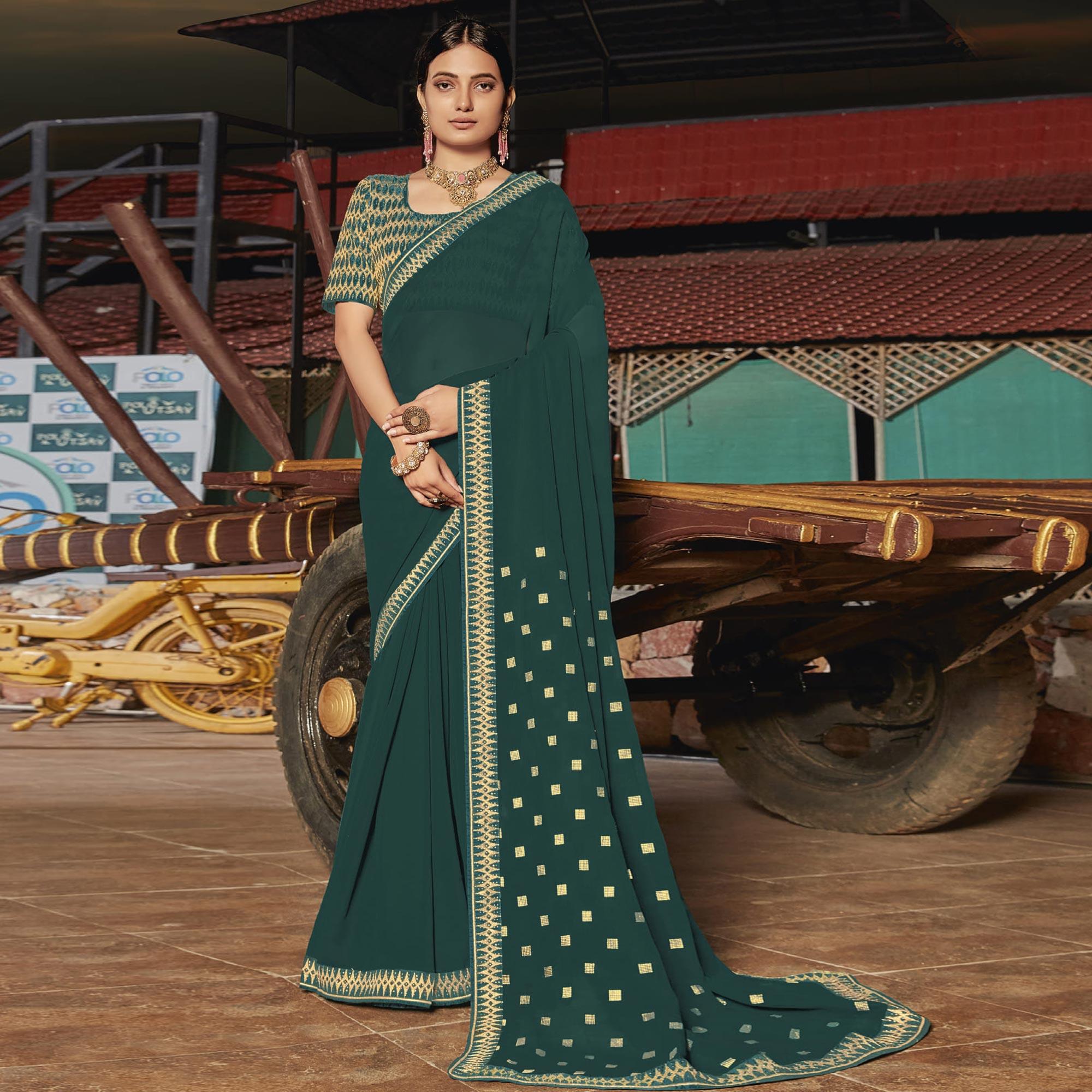 Peacock Blue Partywear Embellished Georgette Saree - Peachmode