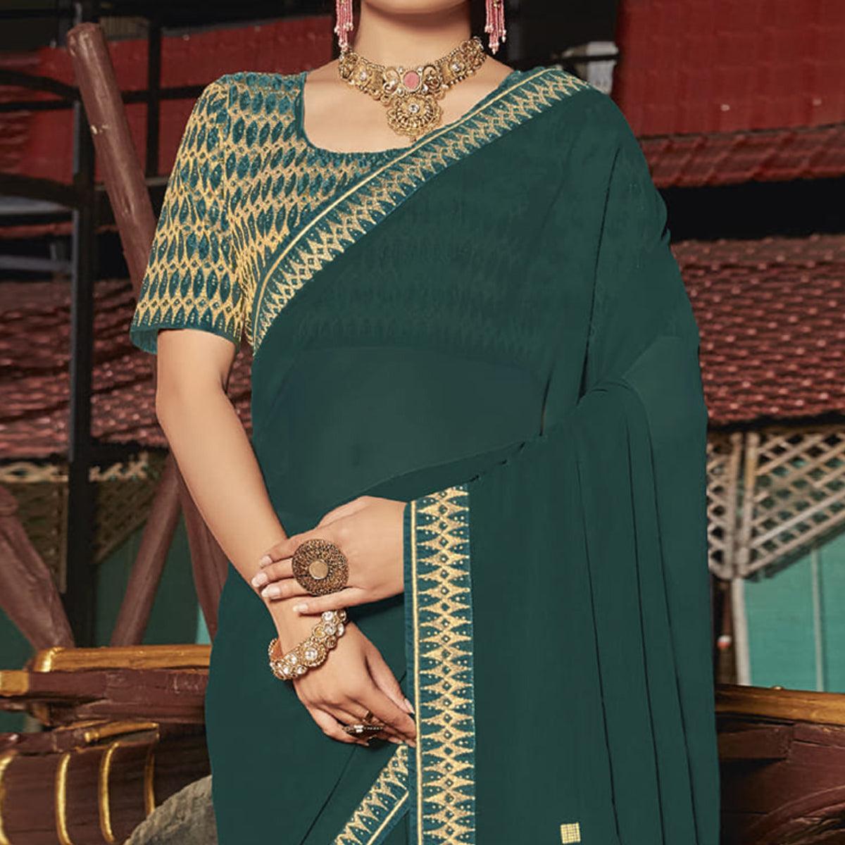 Peacock Blue Partywear Embellished Georgette Saree - Peachmode