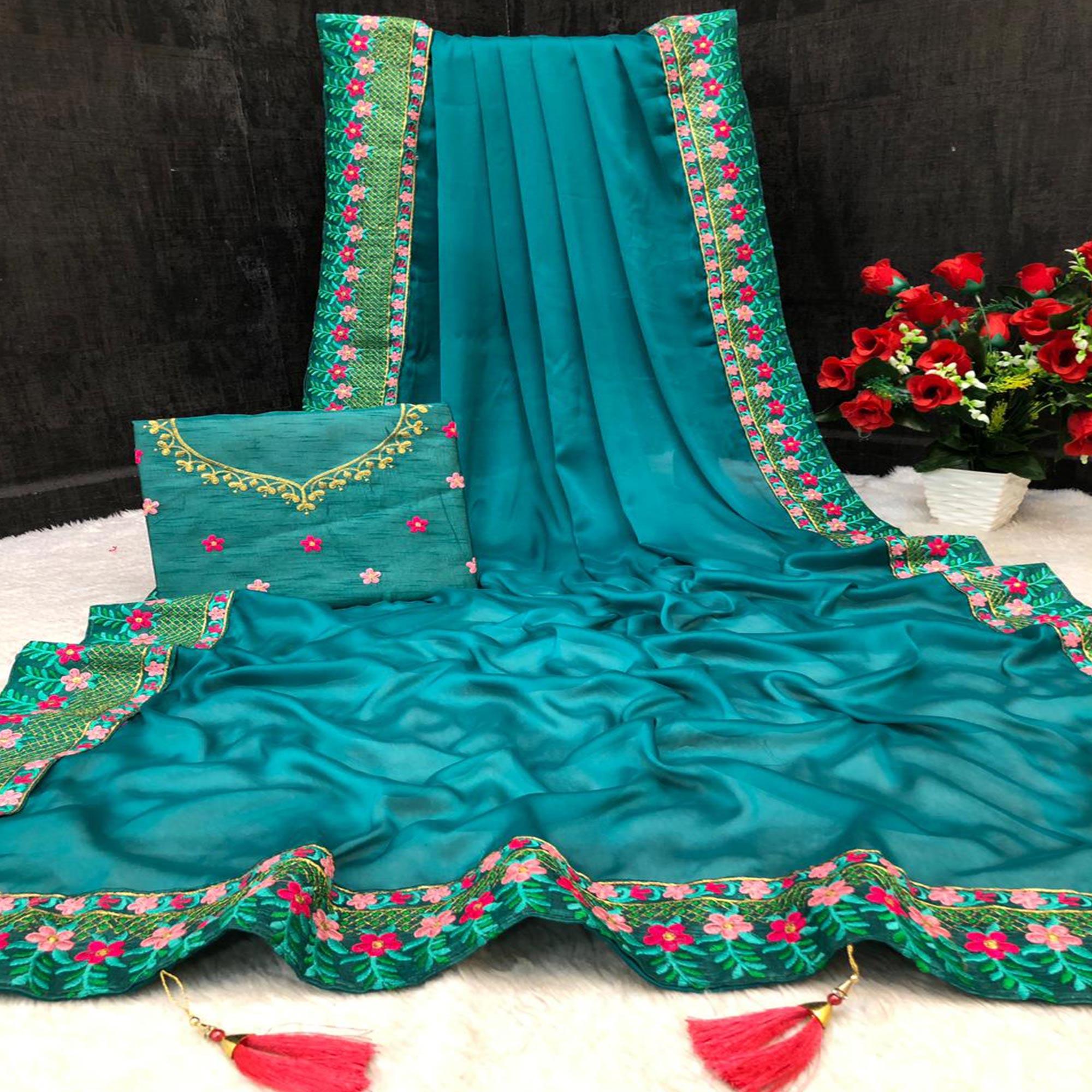Peacock Blue Partywear Embroidered Rangoli Silk Saree - Peachmode