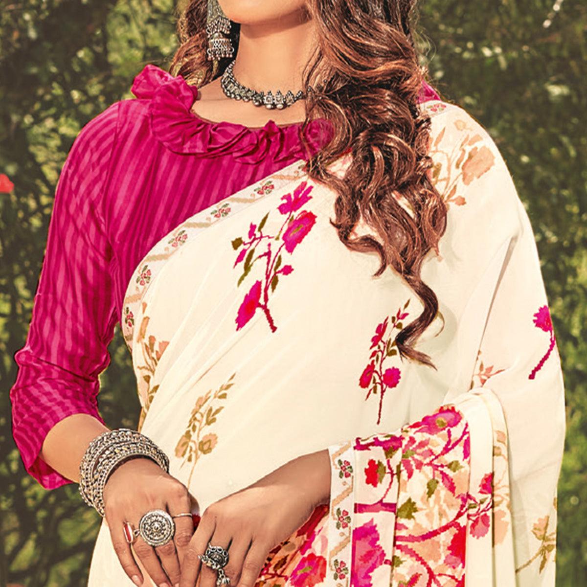 Pearl Cream Casual Wear Floral Printed Georgette Saree - Peachmode