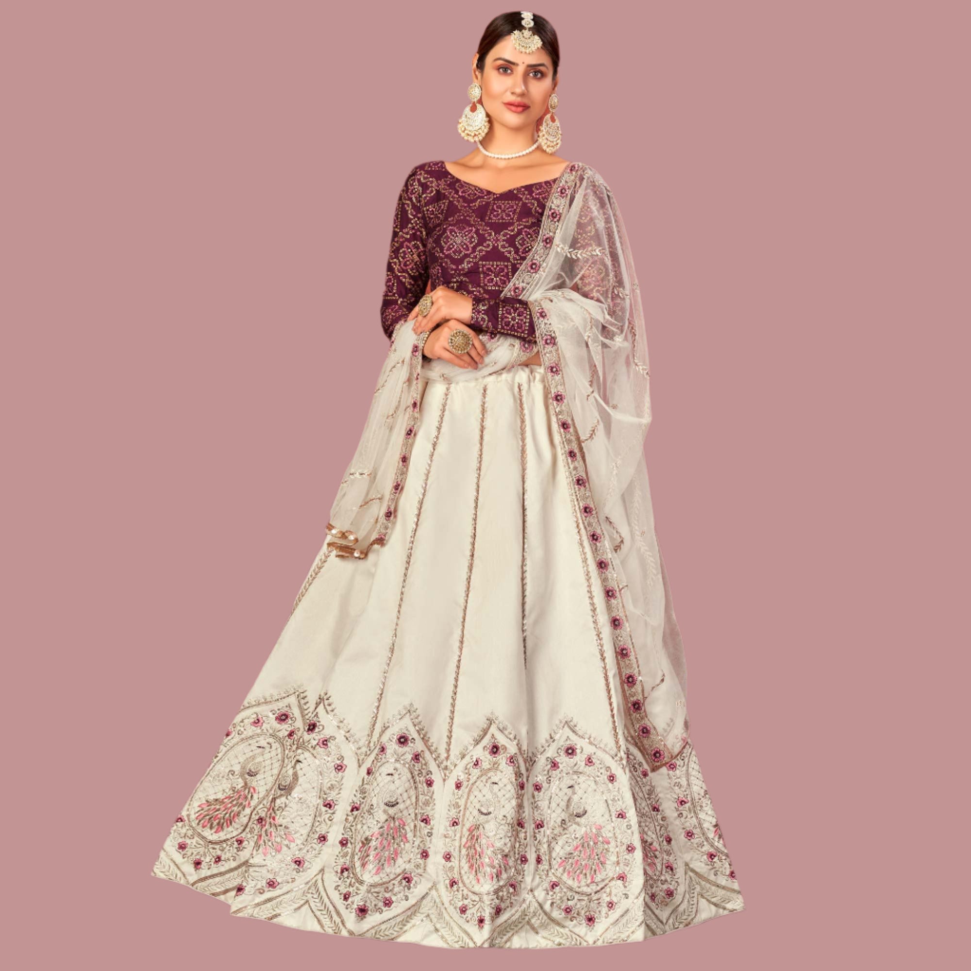 Pearl White Partywear Sequence Embroidered Silk Lehenga Choli - Peachmode
