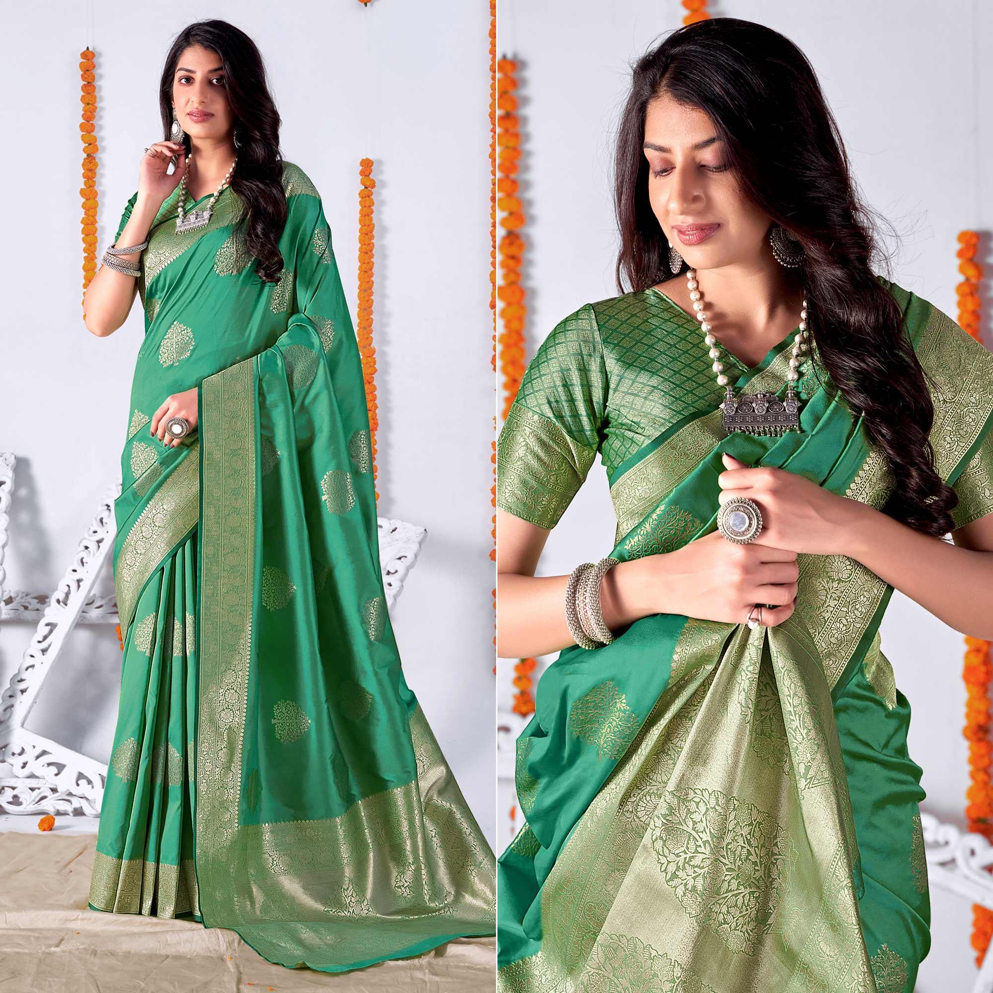 Persian Green Woven Banarasi Silk Saree - Peachmode