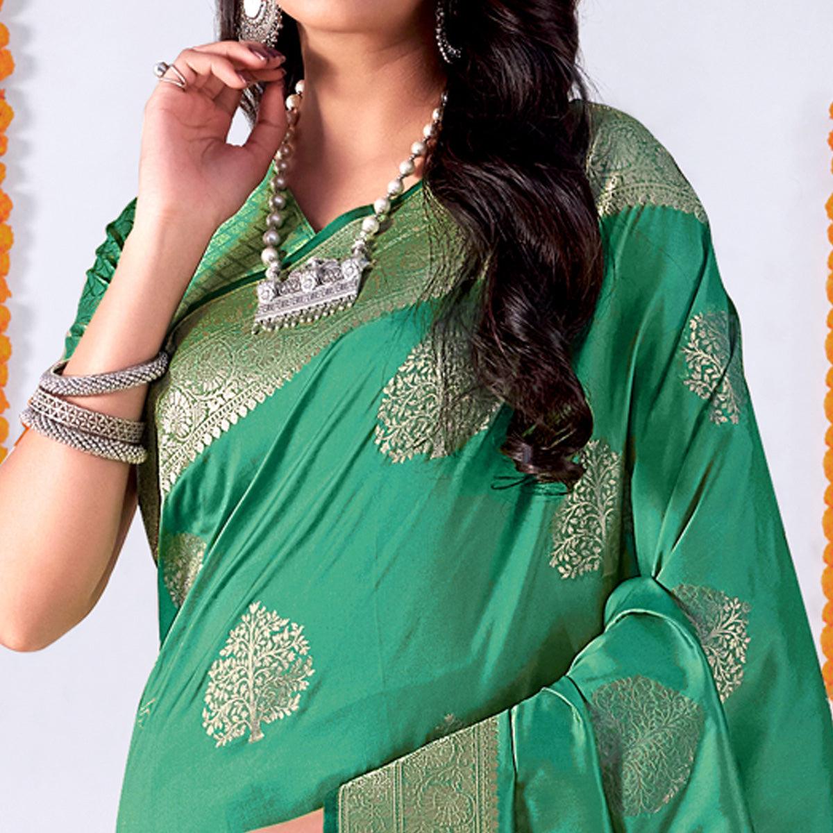 Persian Green Woven Banarasi Silk Saree - Peachmode