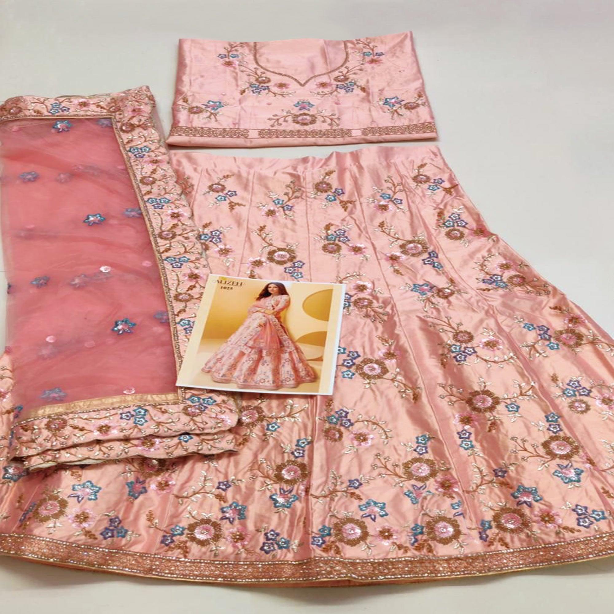 Piggi Pink Partywear Floral Embroidered Silk Lehenga Choli - Peachmode