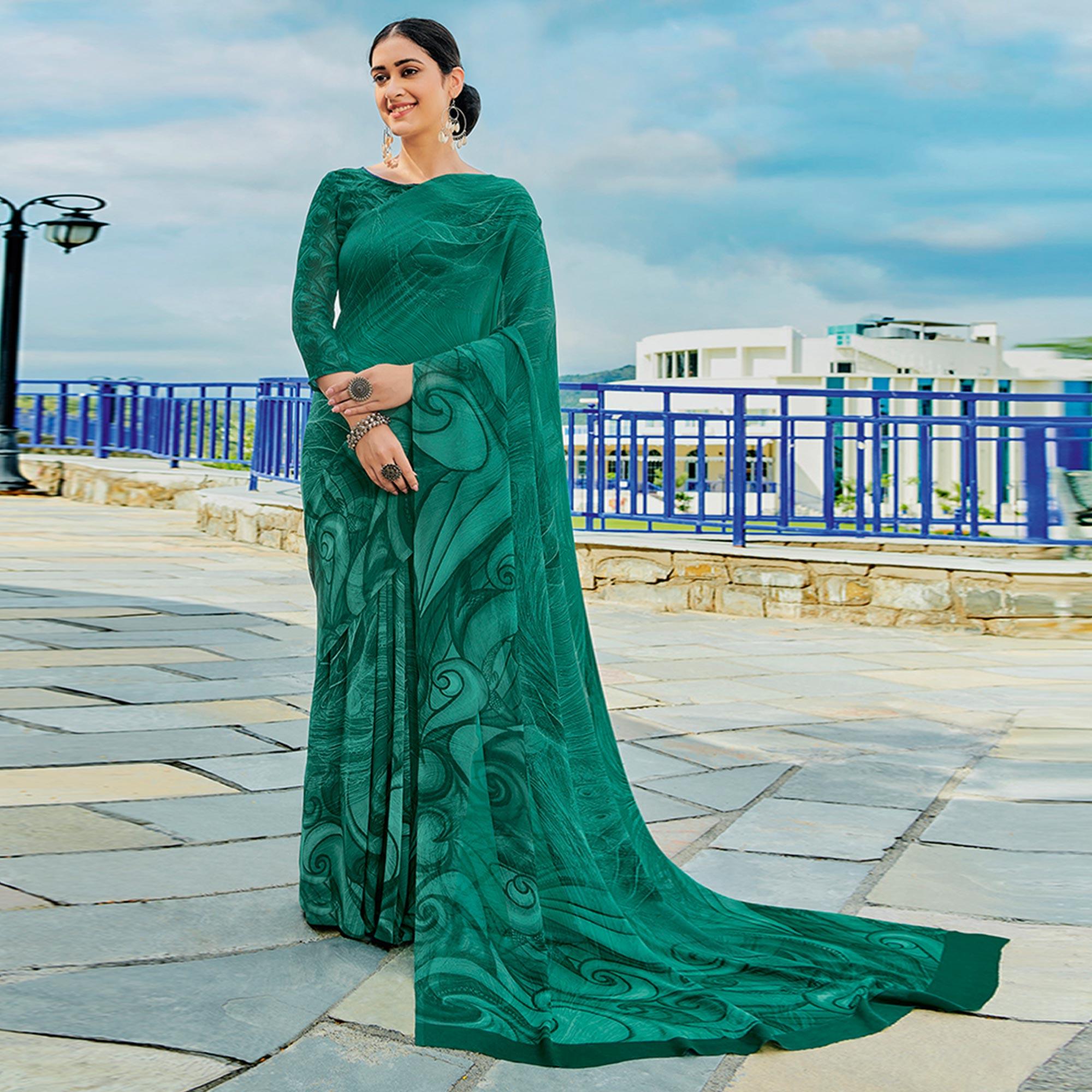 Pine Green Printed Georgette Saree - Peachmode