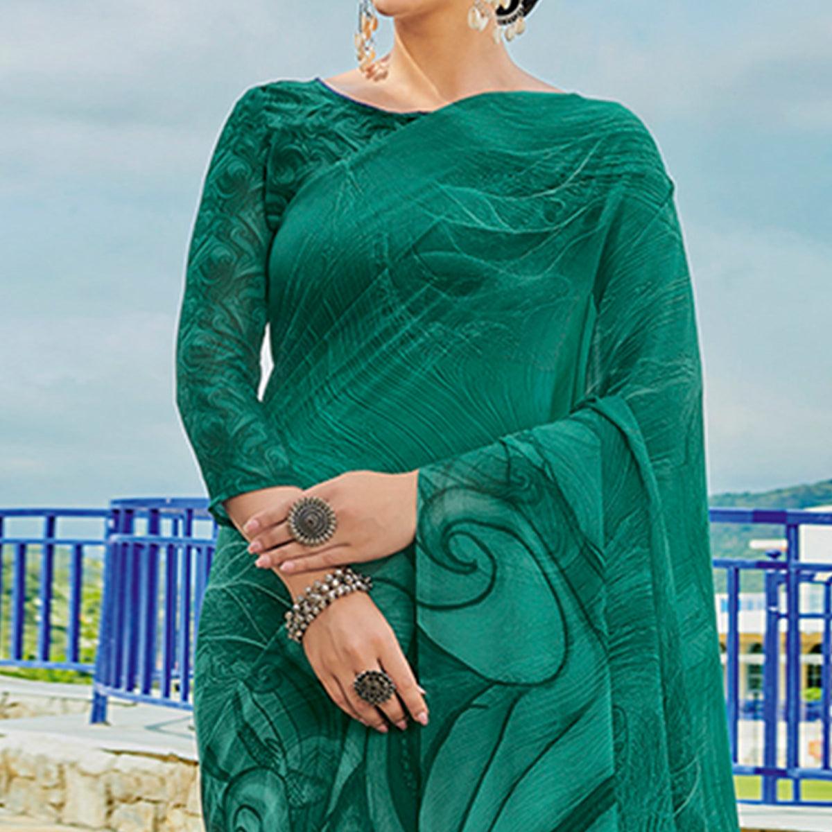 Pine Green Printed Georgette Saree - Peachmode