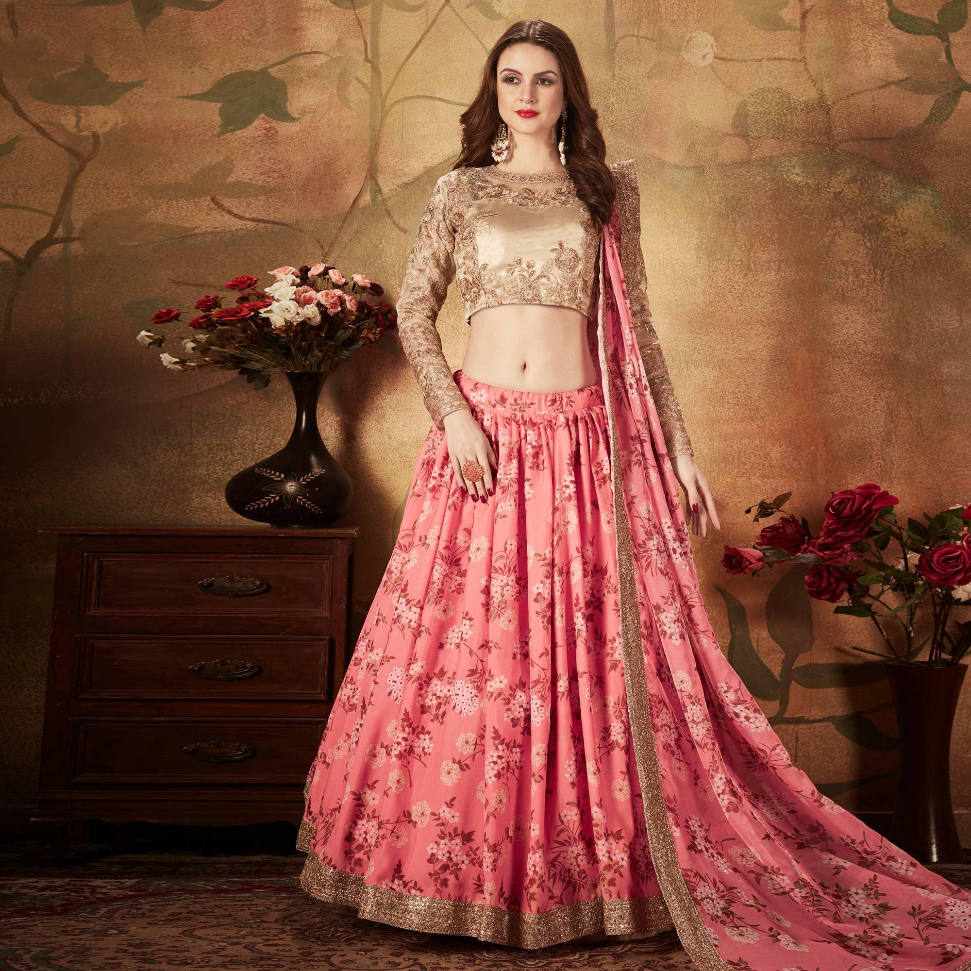 Pink & Beige Partywear Floral Print With Sequins Embroidery Organza Lehenga Choli - Peachmode