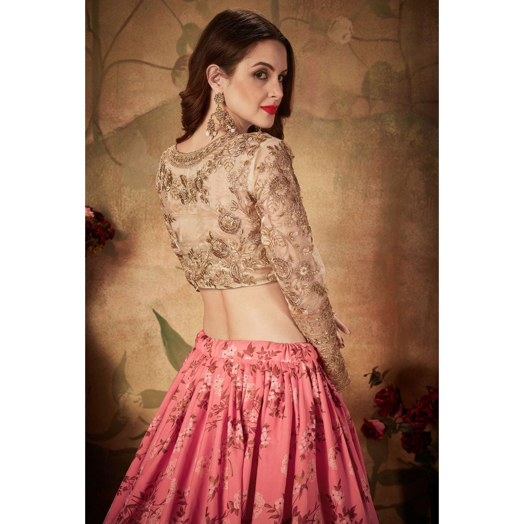 Pink & Beige Partywear Floral Print With Sequins Embroidery Organza Lehenga Choli - Peachmode
