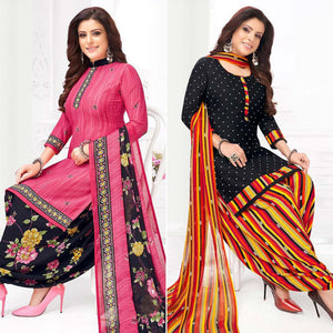 Pink And Black Patiala Crepe Dress Material Pack Of 2 - Peachmode