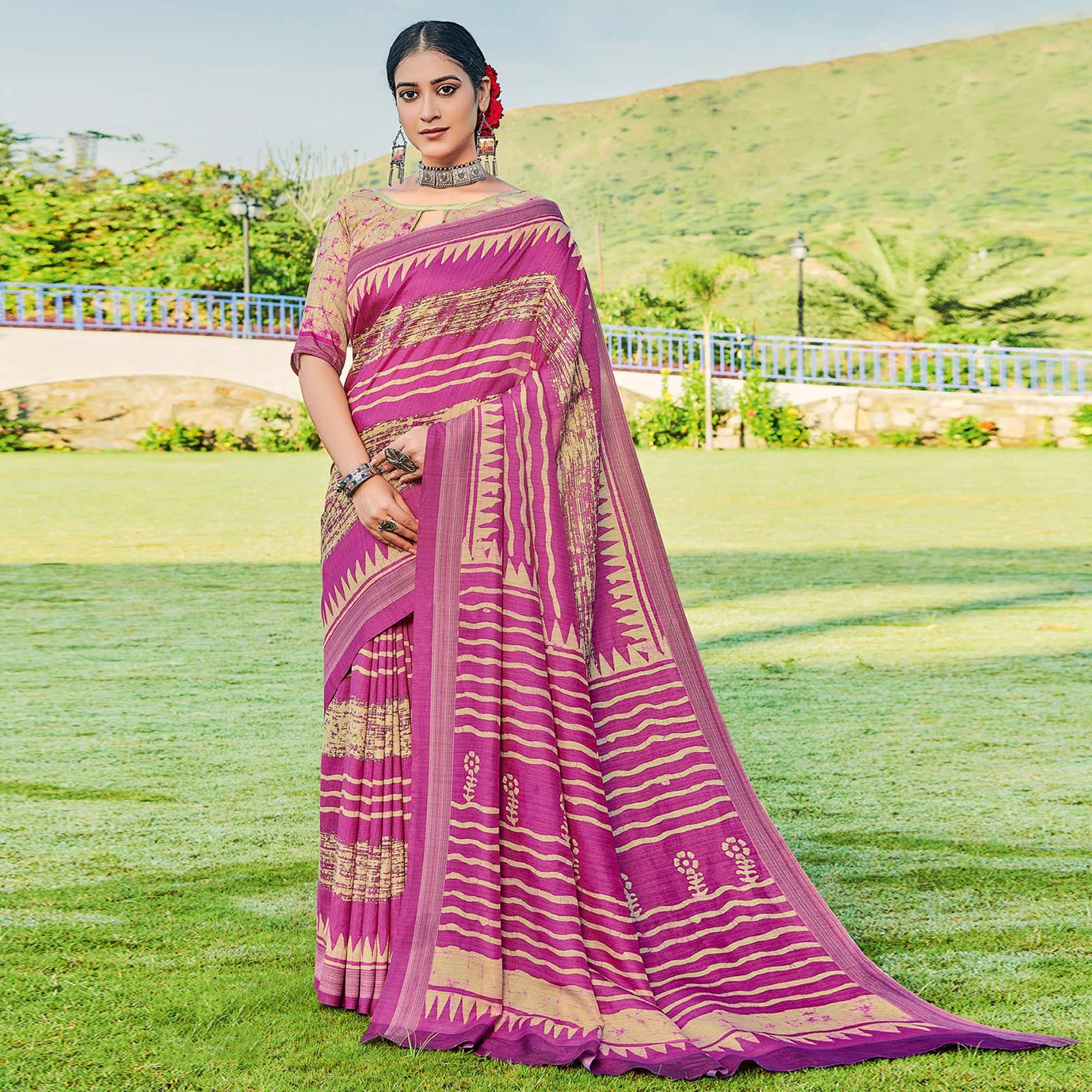 Pink & Chikoo Printed Cotton Silk Saree - Peachmode