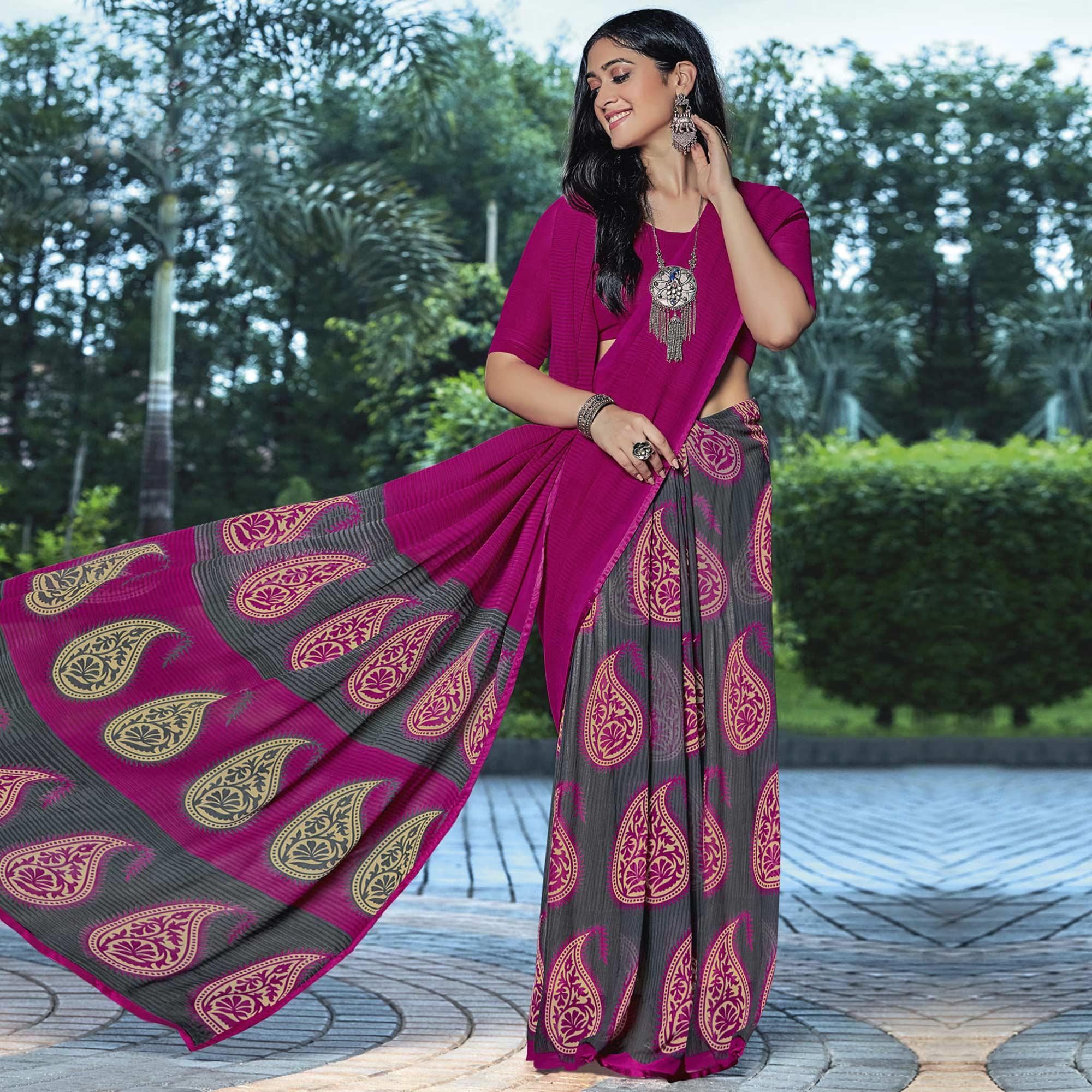 Pink & Grey Casual Wear Printed Georgette Saree - Peachmode