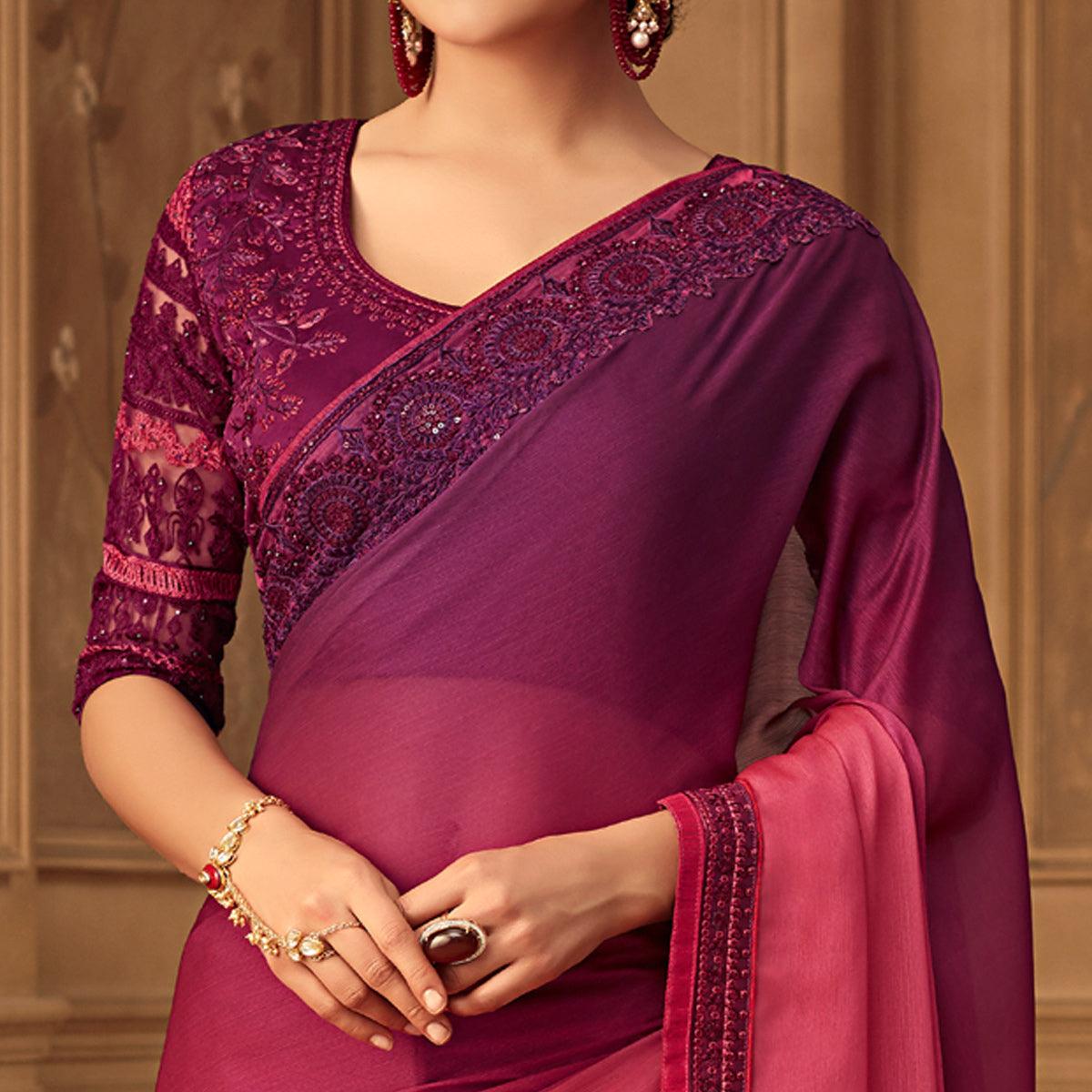 Pink & Magenta Floral Sequence Embroidered Chiffon Saree - Peachmode