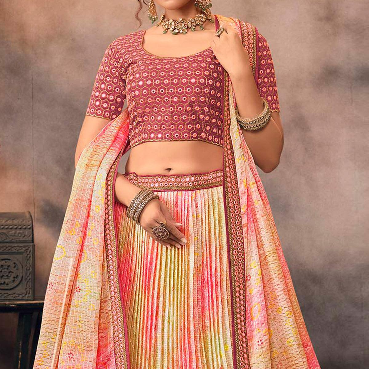 Pink & Mint Green Digital Printed-Embellished Chiffon Lehenga Choli - Peachmode